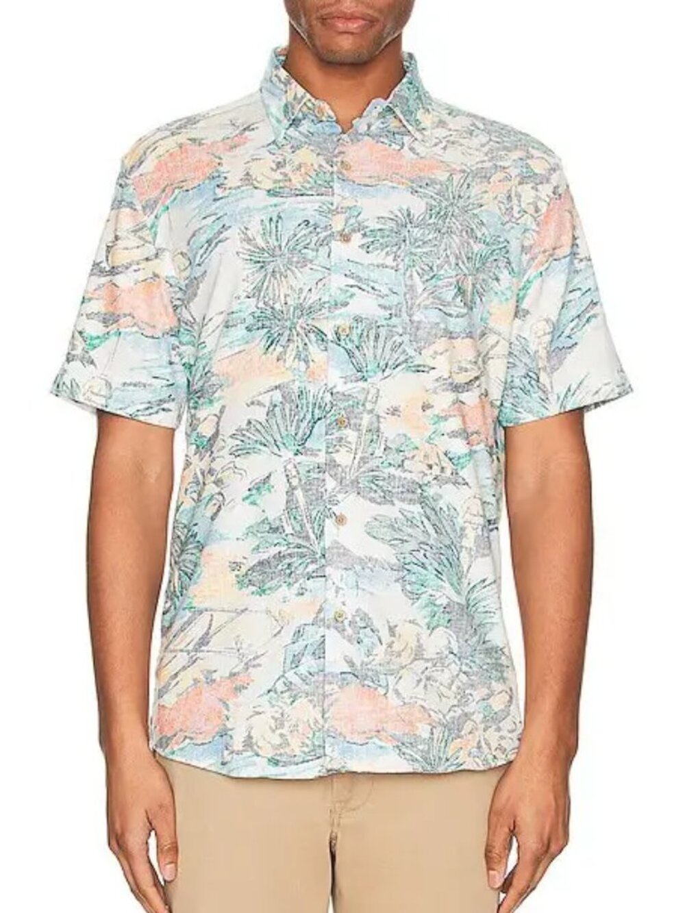 FAHERTY Short Sleeve Button Up Shirt  Multi-Color Tropical Reverse Print Men's L